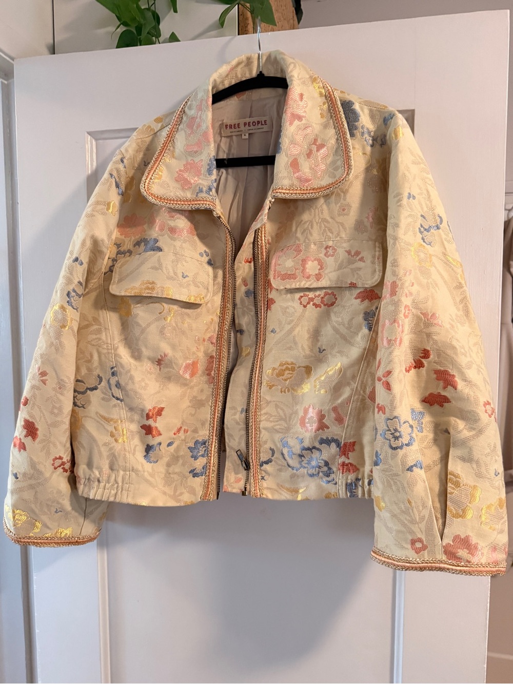 Free People Butter Yellow Floral Brocade Jacket with Metallic Accents